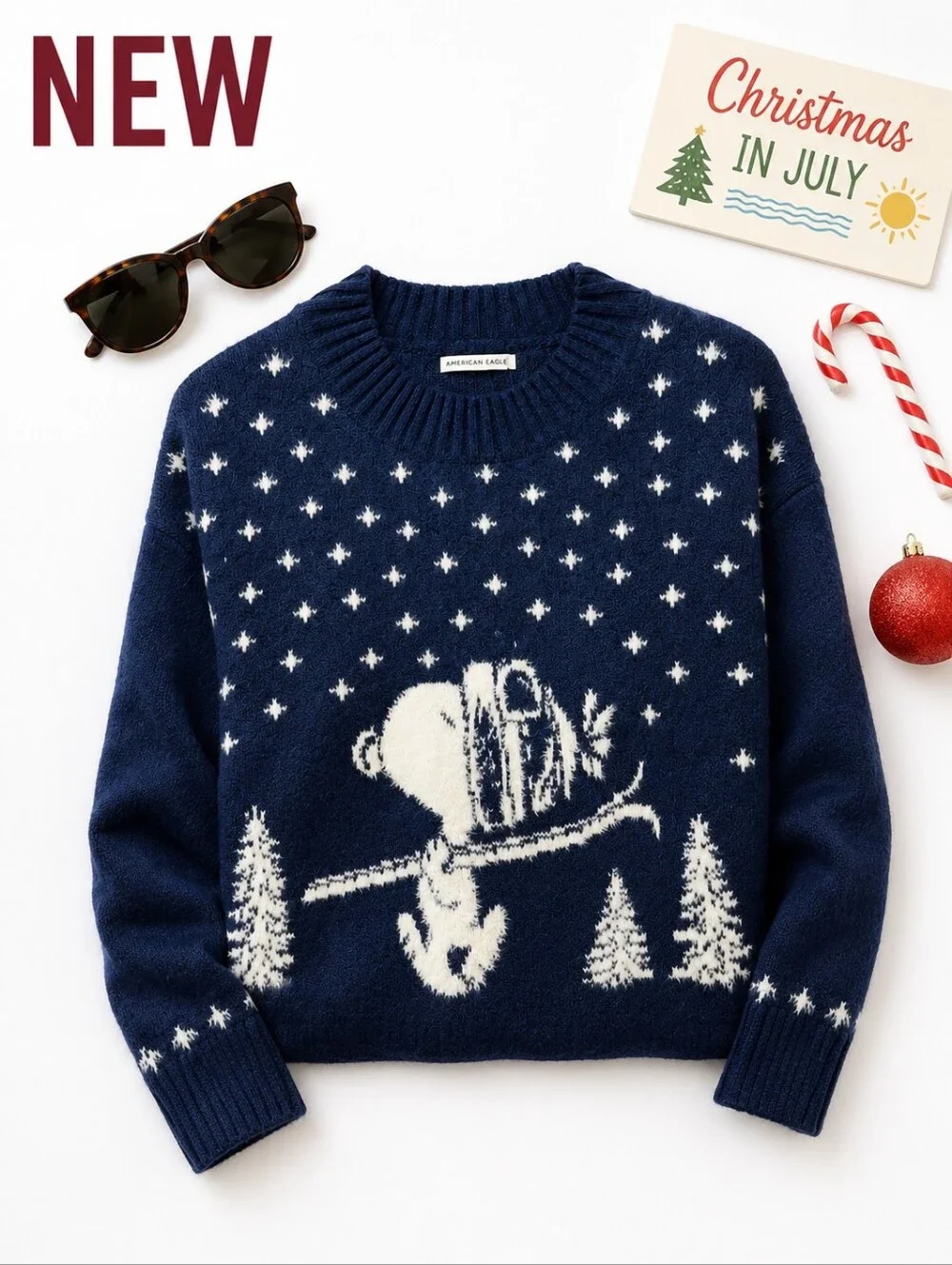 New! American Eagle Snoopy Winter Sweater Navy Blue Cozy Knit Pullover Oversize